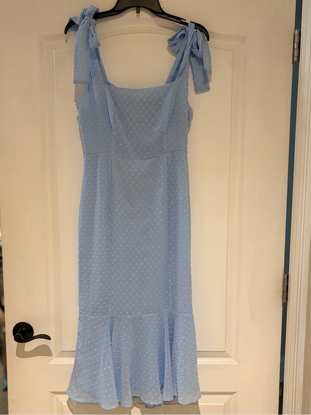 Lulu's Powder Blue Tie-Shoulder Swiss Dot Midi Dress